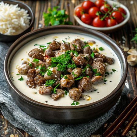 Куриные сердечки в сметанном соусе